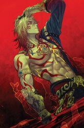 Rule 34 | 1boy, abs, arm tattoo, arm up, armlet, black coat, black pants, blonde hair, blood, blood from mouth, braid, chest tattoo, clawed gauntlets, coat, commentary, english commentary, facial tattoo, faithom, gradient hair, hair between eyes, hand on own head, hand up, highres, honkai: star rail, honkai (series), jewelry, looking at viewer, male focus, medium hair, multicolored hair, mydei (honkai: star rail), open clothes, open coat, pants, red hair, red tattoo, side braid, solo, tattoo, toned, toned male, yellow blood, yellow eyes