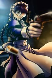 1girl apron black_dress black_hair black_lagoon braid dress gun highres holding holding_gun holding_weapon juliet_sleeves long_sleeves maid_headdress puffy_sleeves roberta_(black_lagoon) round_eyewear solo twin_braids wataru_00 weapon white_apron