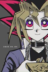 Rule 34 | 1boy, absurdres, black choker, black hair, black shirt, blonde hair, blue jacket, chain, chain necklace, choker, closed mouth, dated, grey background, hair between eyes, highres, jacket, jewelry, looking at viewer, male focus, millennium puzzle, multicolored eyes, multicolored hair, muto yugi, necklace, open clothes, open jacket, purple eyes, raijin-bh, red eyes, red hair, shirt, smile, solo, spiked hair, twitter username, two-tone eyes, upper body, yu-gi-oh!, yu-gi-oh! duel monsters