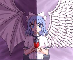Rule 34 | angel wings, blue eyes, blue hair, buttons, change of heart, change of heart (cosplay), cosplay, day, demon wings, dress, feathered wings, heart, highres, lushiehime, mai (touhou), necktie, night, short sleeves, split image, touhou, touhou (pc-98), white dress, white wings, wings, yu-gi-oh!