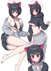 1girl :&lt; :c alternate_costume animal_ears arm_support bar_censor bare_legs bare_shoulders barefoot bikini black_bikini black_hair black_hoodie black_shorts blue_archive blunt_bangs blush breasts cat_ears censored collarbone collared_shirt colored_inner_hair commentary cropped_hoodie curvy dolphin_shorts extra_ears frown full_body grey_hoodie grey_pants grey_shirt hair_behind_ear hair_intakes hair_ornament hairclip halo halterneck hand_up head_tilt highres hood hood_down hoodie kazusa_(blue_archive) knees_together_feet_apart large_breasts looking_at_viewer lying metaljelly multicolored_hair multiple_views on_side open_mouth pants pink_hair pink_halo red_eyes sad shirt short_hair shorts simple_background sleeves_past_wrists standing straight_hair swimsuit symbol-only_commentary tears thighs toes tsurime underboob v-shaped_eyebrows white_background