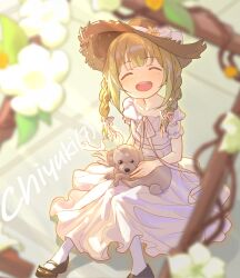 1girl aged_down animal animal_on_lap black_shoes blurry blurry_background blurry_foreground blush braid brown_hat character_age character_name child closed_eyes collarbone commentary_request day dog dress facing_to_the_side facing_up facing_viewer flower flower_request frilled_dress frills full_body green_hair hair_ribbon hand_on_ground hat hat_flower hat_ribbon highres idolmaster idolmaster_shiny_colors khorosho knee_up kuwayama_chiyuki long_dress long_hair mary_janes on_ground on_lap open_mouth outdoors plantar_flexion ribbon shoes short_sleeves sidelighting sidelocks sitting smile socks solo straw_hat sun_hat sunlight twin_braids white_dress white_flower white_ribbon white_socks yellow_flower