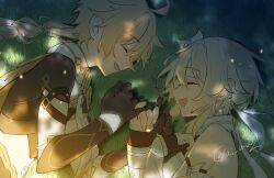 1boy 1girl aether_(genshin_impact) ahoge akasaki_aimu bare_shoulders blonde_hair braid braided_ponytail brother_and_sister brown_shirt closed_mouth cropped_shirt fingerless_gloves genshin_impact gloves light long_hair lumine_(genshin_impact) on_grass open_mouth pinky_swear ponytail scarf shirt short_hair siblings signature smile tree_shade twins upper_body vambraces white_scarf