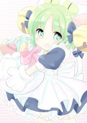 1girl animal_hat anzu_yoshihiro apron bell cat_hat cat_tail dejiko di_gi_charat dot_nose dress green_eyes green_hair hair_bell hair_ornament hat highres open_mouth puffy_short_sleeves puffy_sleeves short_hair short_sleeves solo striped_background tail white_apron