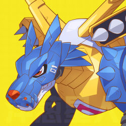 armor blue_armor cyborg digimon digimon_(creature) highres mechanical_wings metalgarurumon onion_maru red_eyes sharp_teeth shoulder_spikes simple_background solo spikes teeth upper_body wings wolf yellow_background