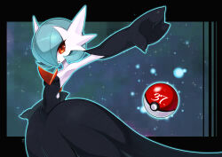 alternate_color black_dress black_gloves blue_hair bob_cut colored_skin dress elbow_gloves gardevoir gardevoir_day gen_3_pokemon gloves hair_over_one_eye mega_gardevoir mega_pokemon nada_haruka nintendo parted_lips poke_ball pokemon pokemon_(creature) shiny_pokemon strapless strapless_dress white_skin