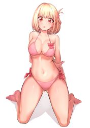 1girl armpit_crease arms_behind_back barefoot bikini blonde_hair blush breasts cleavage collarbone full_body gurugurere highres holding_own_arm large_breasts looking_at_viewer lycoris_recoil navel nishikigi_chisato one_side_up open_mouth pink_bikini red_eyes short_hair simple_background solo stomach swimsuit thighs white_background