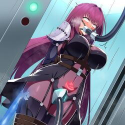 1girl absurdres amibanottoki armor arms_behind_back bdsm between_breasts blush bodysuit bondage bound bound_arms bound_legs breasts commentary_request covered_navel energy_drain fate/grand_order fate_(series) gagged highres in_container large_breasts long_hair pauldrons purple_bodysuit purple_hair red_eyes restrained scathach_(fate) shoulder_armor strap_between_breasts sweat tube