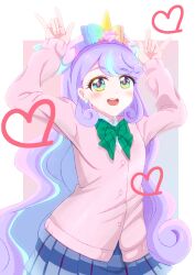 Rule 34 | 1girl, :d, \m/, arms up, blue hair, blue skirt, blush, border, bow, bowtie, buttons, cardigan, collared shirt, colored inner hair, commentary, contrapposto, cosplay, cowboy shot, curly hair, doodle inset, double \m/, dress shirt, earrings, fingernails, gradient background, green bow, green eyes, hair bow, hair ornament, hairband, heart, highres, horns, jewelry, layered clothes, long hair, long sleeves, looking at viewer, love live!, love live! school idol project, miniskirt, multicolored bow, multicolored hair, name connection, nico-sama, nico nico nii, open mouth, otonokizaka school uniform, pink background, pink cardigan, pink pupils, plaid clothes, plaid skirt, pleated skirt, precure, purple hair, rainbow bow, school uniform, shirt, single horn, skirt, sleeves past wrists, smile, solo, sphere earrings, striped bow, striped bowtie, striped clothes, two-tone hair, unicorn girl, unicorn horn, very long hair, white border, white shirt, wing collar, winter uniform, wonderful precure!, yano miu, yazawa nico, yazawa nico (cosplay), yellow horns