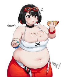 1girl 53hank absurdres artist_name belly belt black_choker black_hair blush bracelet breasts brown_eyes camisole choker cleavage collarbone commission crumbs earrings evie_(fortnite) eyewear_on_head fat fat_woman food fortnite glasses highres holding holding_food hoop_earrings hot_dog jewelry large_breasts midriff navel parted_lips red_lips short_hair solo surprised sweatdrop vgen_commission white_belt white_camisole