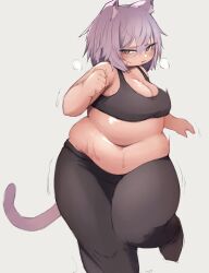 Rule 34 | 1girl, absurdres, animal ear fluff, animal ears, black pants, black sports bra, breasts, cat ears, cat girl, cat tail, cleavage, crop top, exercising, fat, grey background, highres, hololive, large breasts, medium breasts, midriff, muffin top, nantekottai25, navel, nekomata okayu, open mouth, pants, plump, purple eyes, purple hair, short hair, solo, sports bra, standing, standing on one leg, sweat, sweatpants, tail, virtual youtuber