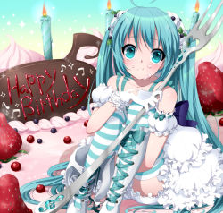 1girl :t ahoge aqua_eyes aqua_hair beamed_quavers boots cake candle female_focus food fork fruit gloves happy_birthday hatsune_miku in_food knee_boots lace-up_boots long_hair mini_person minigirl musical_note myutsusama quaver sitting solo strawberry striped_clothes striped_thighhighs thighhighs treble_clef very_long_hair vocaloid