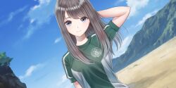Rule 34 | 1girl, arm behind head, beach, blue reflection (series), blue reflection sun, blue sky, breasts, brown hair, cloud, day, dutch angle, emblem, game cg, green shirt, grey eyes, head tilt, highres, kasuga shiho, kishida mel, looking at viewer, medium breasts, mountain, non-web source, official art, outdoors, shirt, sky, solo, swept bangs, t-shirt, upper body