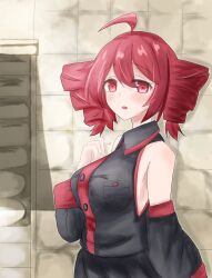 Rule 34 | 1girl, ahoge, blush, breast pocket, breasts, brick wall, collarbone, cowboy shot, detached sleeves, drill hair, ef6, eyes visible through hair, grey shirt, grey skirt, hand on own shoulder, highres, kasane teto, kasane teto (utau), large breasts, looking an viewer, open mouth, pocket, raised eyebrows, red eyes, red hair, shirt, skirt, sleeveless, sleeveless shirt, solo, twin drills, utau, white background
