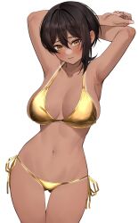1girl absurdres armpits arms_behind_head arms_up bikini bikini_tan black_hair blush breasts brown_eyes collarbone commission gluteal_fold gold_bikini golden_week hair_between_eyes highres large_breasts looking_at_viewer navel original pixiv_commission shiny_swimsuit short_hair side-tie_bikini_bottom simple_background solo stomach string_bikini swimsuit tan tanline thigh_gap white_background yuya_(yuya_illust)