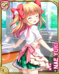 Rule 34 | 1girl, :d, apron, blue eyes, bow, bowtie, brown apron, brown hair, bush, card (medium), character name, closed eyes, day, girlfriend (kari), green bow, green skirt, indoors, long hair, official art, open mouth, plaid clothes, plaid skirt, qp:flapper, red bow, ribbon, school, school uniform, shirt, skirt, smile, solo, sunlight, white shirt, yuuki nae