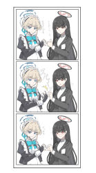 2girls apron black_dress black_hair black_jacket blonde_hair blue_archive blue_bow blue_eyes bow closed_mouth dress hair_behind_ear hair_bun hair_ornament hairclip jacket long_hair looking_at_another maid maid_apron maid_headdress microphone multiple_girls nyaru_(nyaru_4126) red_eyes rio_(blue_archive) shirt smile toki_(blue_archive) turtleneck turtleneck_shirt white_apron white_shirt