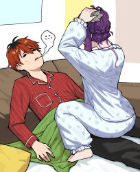 1boy 1girl =_= adjusting_hair alternate_costume antenna_hair barefoot black_hair black_pants brown_hair commentary_request contemporary fatzhai fern_(sousou_no_frieren) giving_up_the_ghost hetero highres indoors multicolored_hair pajamas pants purple_hair red_shirt roots_(hair) shirt sitting sitting_on_person sousou_no_frieren stark_(sousou_no_frieren) white_pajamas