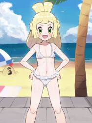 1girl :d beach_towel bikini blonde_hair chiwino cloud collarbone commentary_request day gen_7_pokemon green_eyes hands_on_own_hips happy highres knees large_variant_set lillie_(pokemon) long_hair looking_at_viewer nintendo open_mouth outdoors palm_tree pokemon pokemon_(anime) pokemon_(creature) pokemon_sm_(anime) sand sandygast shore sky smile standing swimsuit towel tree variant_set water white_bikini