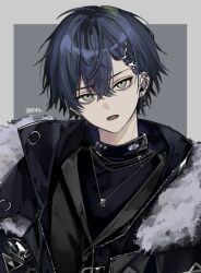 1boy black_jacket black_shirt black_sleeves blue_hair crossed_bangs ear_piercing earrings fur-trimmed_jacket fur_trim green_eyes hair_between_eyes hair_ornament hairclip highres jacket jewelry koyanagi_rou looking_at_viewer male_focus necklace nijisanji nijisanji_en open_mouth otomo_(koyanagi_rou) piercing rip2 shirt short_hair solo