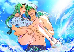 aged_up bare_shoulders bikini blue_swim_trunks braid breasts bridal_gauntlets brother_and_sister closed_eyes cowboy_shot grey_hair highres long_hair lua_(yu-gi-oh!) luca_(yu-gi-oh!) ocean ojing_oppa_(o_b_s_00) one_eye_closed pink_bikini ponytail shirt siblings swimsuit twins water waves white_shirt yellow_eyes yu-gi-oh! yu-gi-oh!_5d&#039;s