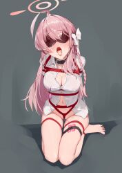 1girl absurdres ahoge arms_behind_back bdsm blindfold blue_archive blush bondage bottomless bound breasts collarbone crotch_rope cum cum_in_mouth egg_vibrator full_body green_eyes hair_ribbon hanako_(blue_archive) highres long_hair looking_at_viewer navel nipple_clamps nipples open_mouth pink_hair qaq_baiguang restrained ribbon saliva sex_toy shibari shibari_over_clothes skindentation soles solo thigh_gap vibrator