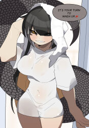 absurdres bare_legs black_hair black_sclera blonde_hair blush breasts colored_inner_hair colored_sclera colored_speech_bubble drying drying_hair english_text gomulgong grey_eyes grey_hair heterochromia highres king_cobra_(gomulgong) knees_out_of_frame long_hair medium_breasts monster_girl multicolored_hair original see-through_clothes see-through_midriff see-through_shirt shirt short_sleeves sidelocks snake_girl snake_tail speech_bubble t-shirt tail wet wet_clothes wet_shirt yellow_eyes