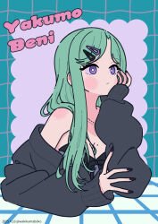 1girl black_jacket black_nails blue_background breasts camisole character_name cleavage collarbone commentary_request green_hair grid_background hair_ornament hairclip highres jacket long_hair long_sleeves medium_breasts mole mole_on_breast nail_polish neki_(wakiko) off_shoulder open_clothes open_jacket parted_bangs puffy_long_sleeves puffy_sleeves purple_camisole purple_eyes sleeves_past_wrists solo upper_body virtual_youtuber vspo! yakumo_beni yakumo_beni_(5th_costume)