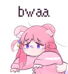 Rule 34 | 1girl, animal ears, bocchi the rock!, bwaaa (meme), carrying, carrying person, cat ears, cat girl, chibi, chibi only, commentary, cube hair ornament, gotoh hitori, hair ornament, jacket, long hair, meme, no mouth, one side up, pink hair, pink jacket, psipudding, purple eyes, simple background, solo focus, sound effects, tearing up, tears, track jacket, upper body, white background