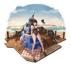 Rule 34 | absurdres, arm support, armpit crease, ball, bare shoulders, beach, beach umbrella, beachball, black hair, black leotard, blue sky, blush, bottle, boulder, box, breasts, brown eyes, building, bunting, can, character name, chinese commentary, cleavage, closed mouth, closed umbrella, cloud, commentary, commentary request, cooler, covered navel, dated, drawstring, drink can, earrings, english commentary, eve (stellar blade), flamingo innertube, food, full body, gluteal fold, grey shoes, groin, hand on own chest, high heels, high ponytail, highleg, highleg leotard, highres, hill, hood, hood down, hooded leotard, jewelry, jfzm001, lace, leaning back, leotard, long hair, looking at viewer, looking to the side, medium breasts, mixed-language commentary, on box, outdoors, picnic blanket, pigeon-toed, pizza, pizza slice, ponytail, pumps, shoes, sideways glance, signature, sitting, sitting on box, sky, sleeveless, smile, stellar blade, stiletto heels, straight hair, string of flags, sun, swept bangs, thank you, thighs, tree, umbrella, unzipped, variant set, wooden floor, zipper, zipper pull tab