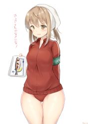 1girl absurdres alternate_costume alternate_hairstyle armband aymusk blush breasts buruma female_focus fish food fruit gluteal_fold green_armband grill hair_between_eyes hair_scarf headscarf highres jacket kantai_collection lemon lemon_slice light_brown_hair long_hair long_sleeves looking_at_viewer medium_breasts michishio_(kancolle) open_mouth plate red_buruma saury shirt solo standing track_jacket transparent_background unzipped white_headscarf white_shirt yellow_eyes zipper