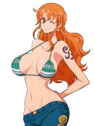 1girl bare_arms bare_shoulders bikini bikini_top_only breasts breasts_apart brown_eyes cleavage curvy denim female_focus green_bikini highres jeans joy_division nami_(one_piece) navel one_eye_closed one_piece orange_hair pants simple_background smile solo standing stomach swimsuit tattoo toei_animation white_background wink