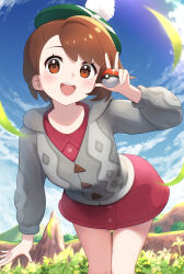 1girl :d absurdres bent_over brown_eyes brown_hair buttons cable_knit cardigan cloud collared_dress commentary_request day dress eyelashes gloria_(pokemon) green_hat grey_cardigan hand_up happy hat highres holding holding_poke_ball hood hood_down hooded_cardigan nintendo open_mouth outdoors poke_ball poke_ball_(basic) pokemon pokemon_swsh short_hair sky smile solo tam_o&#039;_shanter teeth tongue uine_(bobhairshuki) upper_teeth_only