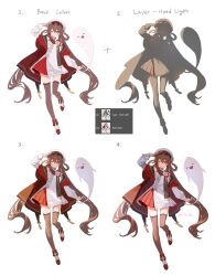 1girl adelie_cat adobe_photoshop black_thighhighs boo_tao_(genshin_impact) brown_hair chinese_clothes dated english_text eyewear_on_head flower-shaped_pupils full_body genshin_impact ghost guide hair_between_eyes hand_up highres how_to hu_tao_(cherries_snow-laden)_(genshin_impact) hu_tao_(genshin_impact) long_hair long_sleeves looking_at_viewer multiple_views numbered_panels official_alternate_costume one_eye_closed parted_lips progression red_eyes round_eyewear screenshot_inset shirt simple_background skirt solo standing symbol-shaped_pupils thighhighs very_long_hair white_background zettai_ryouiki