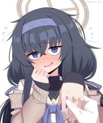1girl 1other artist_name bags_under_eyes black_hair blue_archive blue_eyes blue_hairband blush cardigan commentary crossed_bangs crying crying_with_eyes_open english_commentary flying_sweatdrops furrowed_brow hair_between_eyes hairband halo hand_grab happy_tears highres jewelry long_hair marriage_proposal messy_hair necklace open_mouth pov ring simple_background smart_oval tears twitter_username ui_(blue_archive) wedding_ring white_background
