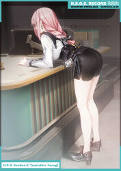Rule 34 | 1girl, absurdres, ass, bent over, breasts, fireball 666, glasses, high heels, highres, large breasts, leaning, leaning forward, long hair, pencil skirt, pink hair, short shorts, shorts, shorts under skirt, sideboob, skirt, skirt flip, solo, tsukishiro yanagi, zenless zone zero