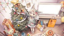 1girl :d alt_text animal_ear_fluff animal_ears balloon blonde_hair bow bowtie box braid cake christmas christmas_ornaments christmas_tree commentary dress food frilled_dress frilled_sleeves frills full_body gift gift_box green_dress hair_bow hair_ribbon hanamaru_lily highres indoors long_hair long_sleeves mismatched_pupils neoki_ohae no_shoes open_mouth original pink_eyes red_bow red_ribbon ribbon second-party_source sleeve_bow sleeves_past_fingers sleeves_past_wrists smile socks solo star-shaped_pupils star_(symbol) stuffed_animal stuffed_toy symbol-only_commentary symbol-shaped_pupils television twin_braids white_socks yellow_bow yellow_bowtie
