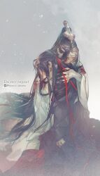 2boys black_hair black_hanfu blood blood_on_body blood_on_clothes blood_on_face blood_on_hands chinese_clothes closed_eyes dizi flute hair_down hair_ribbon half_updo hanfu headband holding holding_flute holding_instrument hug injury instrument lan_wangji light_particles long_hair long_sleeves male_focus modao_zushi moirae multiple_boys official_alternate_hairstyle ponytail red_ribbon ribbon robe sitting sleeves_past_wrists transverse_flute twitter_username very_long_hair watermark wei_wuxian wei_wuxian_(yiling_laozu) white_hanfu white_headband wide_sleeves xiao_guan_(headdress) yaoi