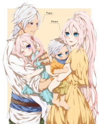 alphen_(tales) alternate_costume blue_eyes child couple dark-skinned_male dark_skin dress english_text family father_and_daughter hair_between_eyes happy high_ponytail highres holding husband_and_wife long_hair married mother_and_son muturax0 official_alternate_costume pink_hair ponytail shionne_(tales) sidelocks smile tales_of_(series) tales_of_arise twintails very_long_hair white_hair