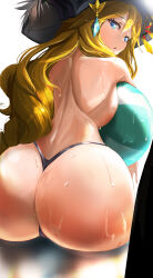 1girl :o ass back backboob ball beachball bikini black_bikini blonde_hair blue_eyes breasts from_behind genshin_impact hair_between_eyes hat highleg highleg_bikini highres huge_ass large_breasts long_hair looking_at_viewer looking_back nape navia_(genshin_impact) open_mouth prev/next shoulder_blades sitting swimsuit thong_bikini topless_female wet