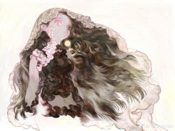 1girl bare_shoulders black_shirt breasts brown_eyes brown_hair closed_mouth expressionless flower goincircles highres long_hair looking_to_the_side medium_breasts midriff original pink_eyes shirt simple_background solo veil very_long_hair wavy_hair white_background white_flower