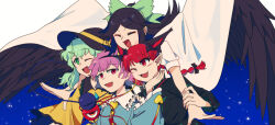 4girls :d ;d animal_ears black_hair black_wings bow braid cape cat_ears cat_girl closed_eyes extra_ears green_bow green_hair hair_bow heart highres kaenbyou_rin komeiji_koishi komeiji_satori long_hair long_sleeves looking_at_viewer multiple_girls one_eye_closed open_mouth pink_hair red_eyes red_hair reiuji_utsuho short_hair simple_background smile starjinxin starry_sky_print third_eye touhou twin_braids white_background white_cape wide_sleeves wings