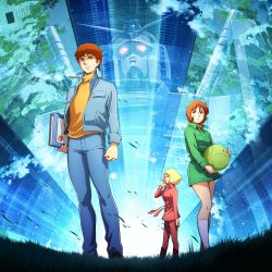 1boy 2girls amuro_ray blonde_hair brown_hair casual coat colony_interior fraw_bow freckles grass gundam haro highres jacket kotobuki_tsukasa mecha mobile_suit_gundam multiple_girls robot rx-78-2_gundam sayla_mass