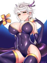 Rule 34 | 1girl, :o, asymmetrical hair, braid, braided ponytail, breasts, cypress (hinokidou), dragon tail, eastern dragon horns, elbow gloves, gloves, heart lock (kantai collection), highres, kantai collection, large breasts, leotard, long hair, moon, purple leotard, purple tail, single braid, tail, thighhighs, unryuu (kancolle), wavy hair, white hair, yellow eyes