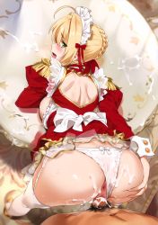 1boy 1girl absurdres ahoge anus ass ass_grab back back_cutout bent_over blonde_hair blush bow bow_panties braid breast_press breasts clothed_female_nude_male clothing_aside clothing_cutout commentary_request cum cum_in_pussy cum_on_ass cum_on_body cum_on_lower_body doggystyle dress epaulettes fate/extra fate/grand_order fate_(series) french_braid frills furrowed_brow garter_belt garter_straps green_eyes hair_intakes hair_ribbon hetero high_heels highleg highleg_panties highres large_breasts long_sleeves looking_at_viewer looking_back maid maid_headdress nero_claudius_(fate) nero_claudius_(fate/extra) nude open_mouth panties panties_aside panties_over_garter_belt penis pubic_hair puffy_long_sleeves puffy_sleeves red_dress ribbon sex sex_from_behind short_hair sidelocks solo_focus spread_ass standing string_panties sweat thighhighs third-party_edit uncensored underwear vaginal white_panties white_thighhighs yd_(orange_maru)