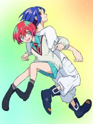 1boy 1girl amate_yuzuriha aqua_eyes aqua_shirt aqua_skirt blue_hair breasts closed_mouth collared_shirt gundam gundam_gquuuuuux highres long_sleeves looking_at_viewer multicolored_hair necktie open_mouth purple_hair red_eyes red_hair school_uniform shirt short_hair shuji_ito sia0926 skirt smile sweater two-tone_hair white_shirt