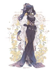1girl black_dress black_hair chain dark_skin dress flower full_body gold_chain horns lemon89h long_hair long_sleeves looking_at_viewer original rococo_movement simple_background solo standing very_long_hair yellow_eyes