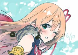 1girl ;d animal animal_on_shoulder aqua_eyes arisa_(shadowverse) bare_shoulders black_shirt commentary_request dated grin ito_ryo long_hair looking_at_viewer neck_ribbon one_eye_closed open_mouth orange_hair princess_connect! ribbon shadowverse shirt smile solo squirrel