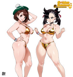 2girls absurdres bikini black_hair breasts brown_eyes brown_hair commentary curvy dynamax_band english_commentary gloria_(pokemon) gold_bikini green_eyes green_hat hair_ribbon hands_up hat highres kyoffie large_breasts long_hair looking_at_another looking_at_viewer marnie_(pokemon) medium_breasts multiple_girls navel nintendo pokemon pokemon_swsh ribbon short_hair simple_background stomach swimsuit tam_o&#039;_shanter thighs twintails white_background