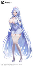 1girl absurdly_long_hair alsace_(azur_lane) azur_lane blue_eyes blue_hair blush breasts cleavage covered_navel dress elbow_gloves full_body garter_straps gesoking gloves hat large_breasts long_hair looking_at_viewer nurse nurse_cap official_art open_mouth shoes short_sleeves simple_background solo standing thighhighs very_long_hair white_background white_dress white_gloves white_shoes white_thighhighs